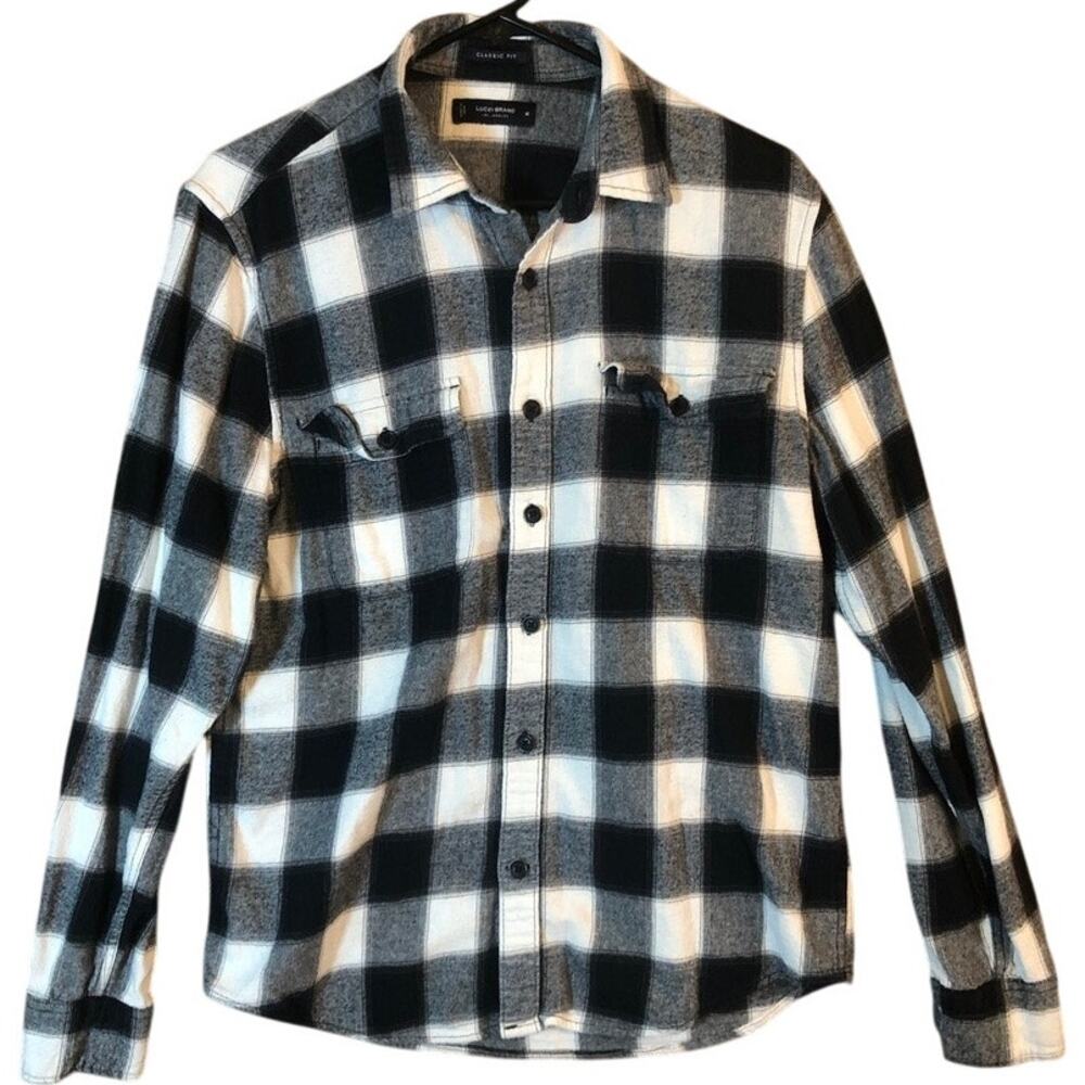 Lucky Brand Mens Shirt Black White Flannel Classic Cotton Button Down Medium
